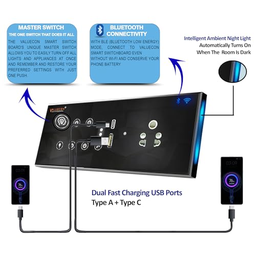 Image of i380 6 modular Smart Wifi Switch Board with 4 Switch,1 Fan,1 Socket, C & A type USB charging ports|Finger-touch, App Control, Voice-controlled by Alexa, Google Home, Google Assis (SLVR MB)