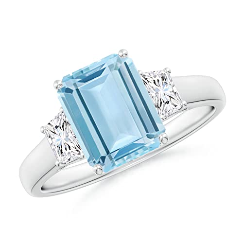 Angara Natural Aquamarine Engagement Ring for Women | Three Stone Emerald-Cut Aquamarine and Diamond Ring in 14K Solid Gold/Platinum | March Birthday, Gemstone Jewellery Gift
