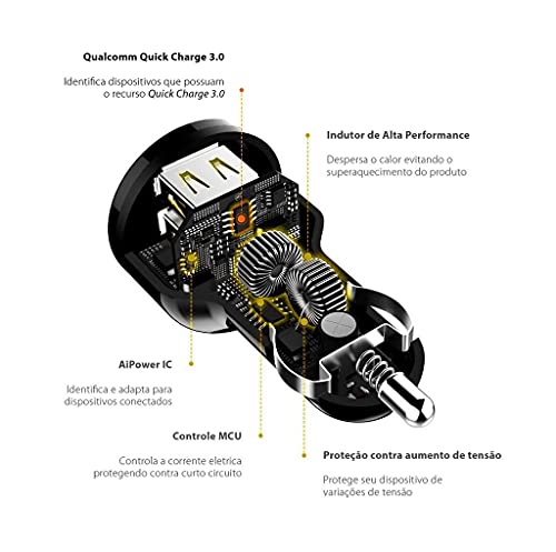 Carregador Veicular Universal Turbo, Fast Charge e Quick Charge Qualcomm 3.0, Carregamento Rápido, 2