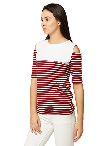 Image of Miss Chase Women's Navy Blue and White Round Neck Half Sleeves Striped Cold Shoulder Top
