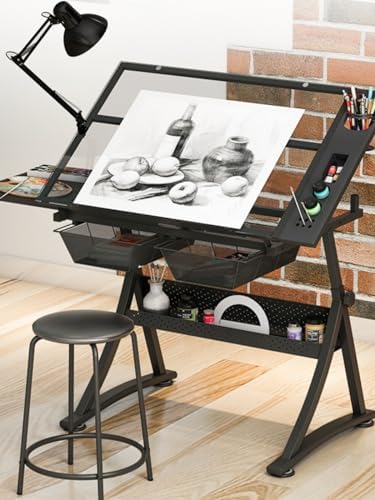 Drafting Workstation with Stool Artist Desk Adjustable Height(