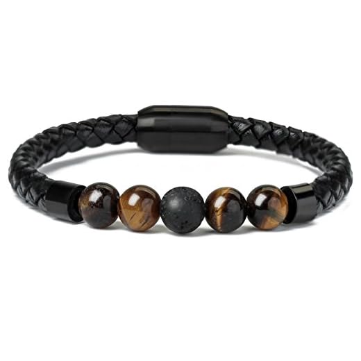 Ckysee 7 Chakra Lava Project Rock Lokai Bracelet Balancing Genuine Leather Bracelets with Magnetic Clasp Tiger Eye Agate Howlite for Men Pulsera Cuero Hombre (4 Tiger Eye + 1 Lava Stone)