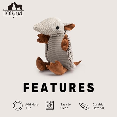 Image of Hollypet Plush Dog Squeaky Toy Stuffed Armadillo Animal Pet Puppy Chew Toys with Clean Teeth for Small Medium Large All Breed Sizes Dogs, Gray Large, 14 in