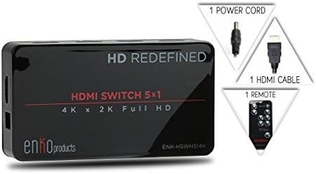 enKo HDMI 5 Ports Hub Switch v1.4 (4Kx2K) Includes IR Remote, 1 x HDMI Cables, AC Power Adapter (Support 4Kx2K 3D, 1080p)