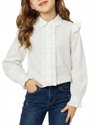 Image of Girls Short Sleeve Button Down Shirts Ruffle School Uniform Crop Tops Peter Pan Collar Plaid Blouse 4-13Y