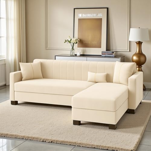 Image of SOCOZI Almeria 4 Seater RHS L Shape Sofa Set | Soft Velvet Suede Fabric | Modern Design | Plush Comfort Cushions for Living Room (Cream)