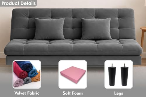 Image of Velvet Fabric Wooden 3-Seater Apsen Sofa Bed with Tufted Couch with Adjustable Backrest- Living Room Furniture-Grey-Color