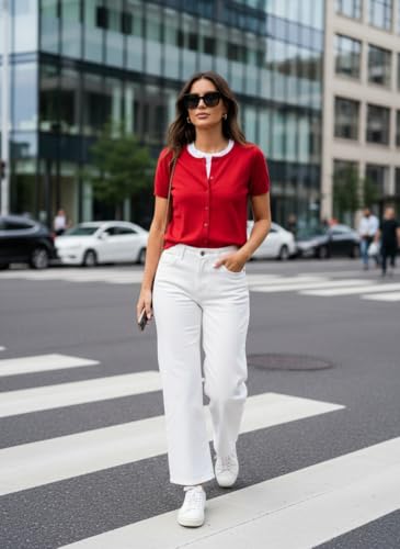 Image of GRACE KARIN Women Short Sleeve Cardigan, 2026 Summer Knitted Sweater Tops, Basic Crew Neck Crop Outfits