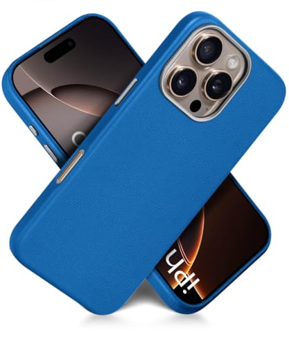 Image of WOW IMAGINE Back Cover for iPhone 16 Pro | Shockproof Tough Leather Texture Hard Mobile Case | Ultra Slim Non-Slip Grip | Inner Velvet Fabric | Metal Camera Ring - Blue