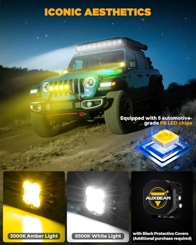 Image of Auxbeam XP-Ultra Series 3 inch Wide Flood Beam Offroad Lights LED Pods 2-Pack | 120 Broad Reflector, TIR Optics, Amber White Dual Color, Light Covers, 80W 9600LM, for Polaris RZR Bronco Tacoma Can-Am