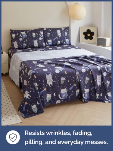 Image of Kids Full Size Cat Bed Sheets - 4 Piece Kids Cat Sheet Set - Galaxy Astronaut Bedding - Ultra-Soft, Cute & Cozy - Breathable & Machine Washable - Wonderful Bed Set for Boys, Girls, Teens & Toddlers
