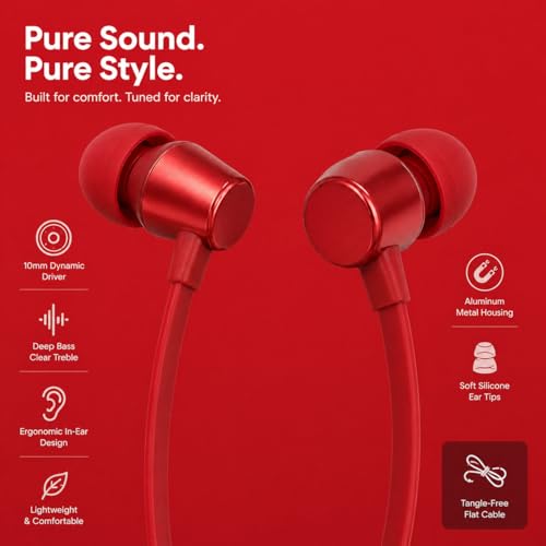 Image of Type C Wired Earphones for JBL Tun 310 C | High Fidelity Sound, Deep Bass, HD Calling Mic, Comfortable Fit, Strong Cable Compatible with All Type C Devices (Red)