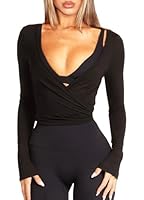 Navneet Damen Wickelshirt Sport Yoga Oberteil Langarm Eng Y2K Pilates Ballet Wrap Tops Bolero Herbst Kleidung Schwarz S