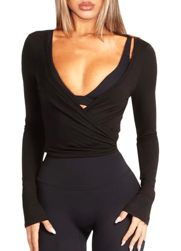 Navneet Women Long Sleeve Ballet Pilates Yoga Wrap Tie Front Tops Workout Gym Shirts Cardigan