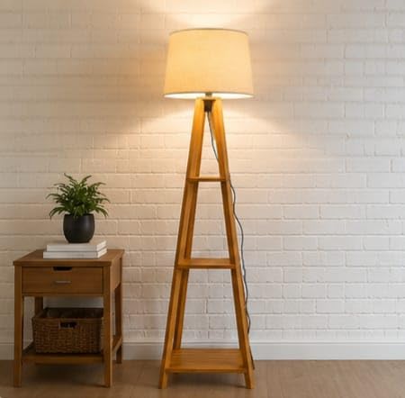 H B Trading Company Wooden Tripod Floor Lamp with Storage Shelves | Linen Shade, Living Room Decor | Floor Lamp,Living Room Standing Light-1-image-3