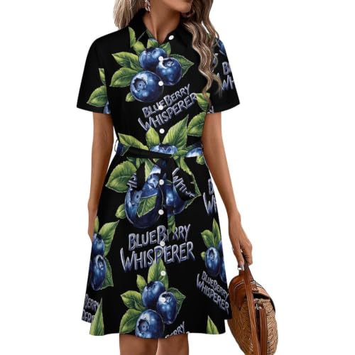 Robe chemise midi en coton Blueberry Whisperer pour femme avec manches courtes et boutons