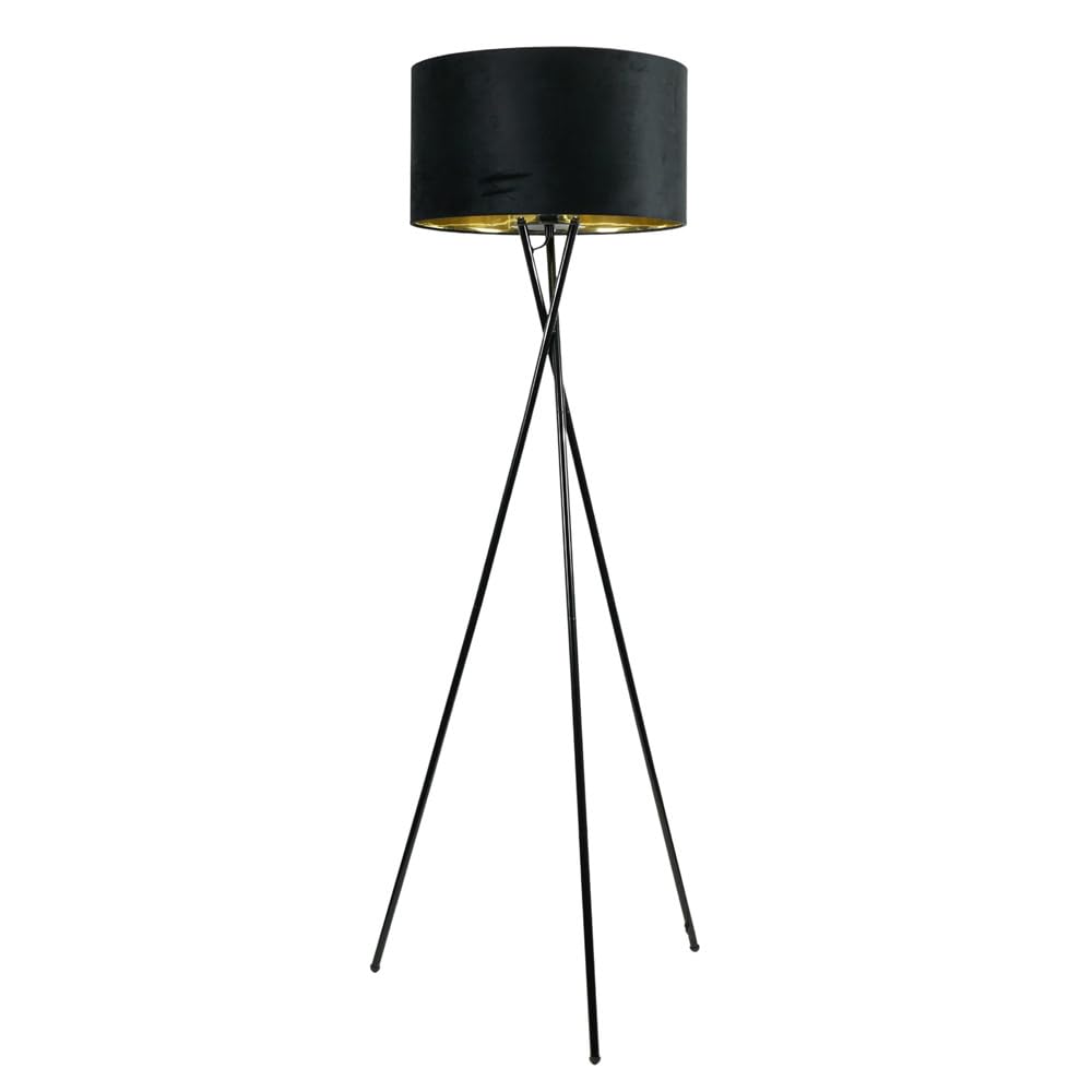 ValueLights Camden Black Velvet Gold Shade Tripod Floor Lamp with Bulb - H154 x W57 x D57cm