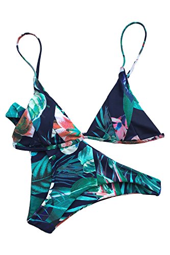 CUPSHE Women's Floral Printing Triangle Splicing Bikini Set (L) Green