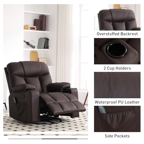 Bonzy Home Oversized Swivel Rocker Recliner Chair, 40\" Wide Manual Rocking Recliner Chair with Heated and Massage, PU Leather Single Sofa with 2 Cup Holders, Brown