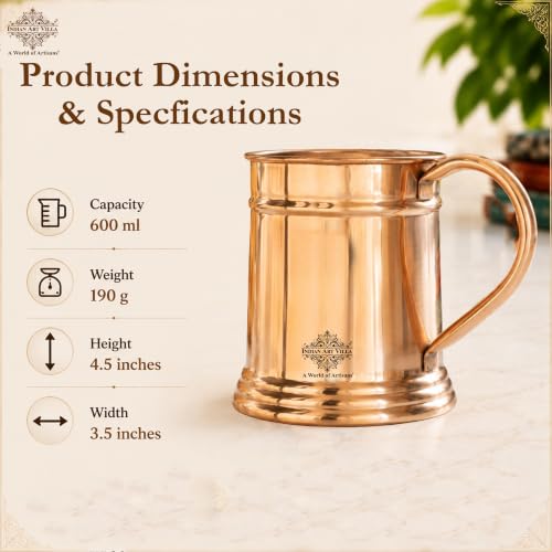 Image of INDIAN ART VILLA Pure Copper Large Beer /Cocktail Mug Cup, Barware, 600 ML