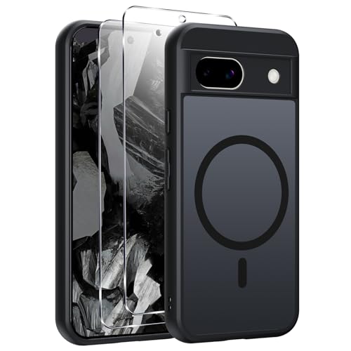 Yxnvixn Magnetic Phone Case for Google Pixel 8a Case with 2 Tempered Glass Screen Protector Fit for MagSafe Military-Grade Protection Shockproof Translucent Matte Back Slim Shockproof Cover Black