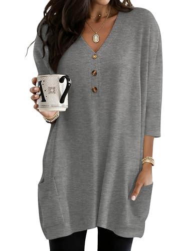 Chulianyouhuo Women's Tunic Tops to Wear with Leggings 3/4 Length Sleeve Button V Neck Casual Shirts(Grey XXL)