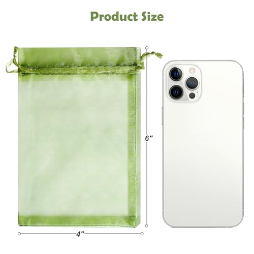 Image of Hopttreely 100pcs Organza Bags, 4x6 inch Satin Drawstring Organza Pouch Wedding Party Favor Gift Bag Jewelry Watch Bags, Green Fruit Protection Bags