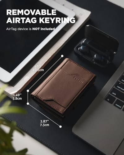 Image of VULKIT Airtag Wallet with Keyring Mens Pop up Credit Card Wallet with Air Tag Holder Trifold ID Window RFID Blocking, Top Grain Cowhide Espresso, Minimalist