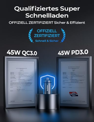 AINOPE 90W Zigarettenanzünder USB C Mini Super Schnelladen KFZ Ladegerät USB C PD45W+QC3.0 Dual Port Auto Ladegerät Adapter für iPhone 17 Pro Max Air 16 15, Galaxy S25 Ultra