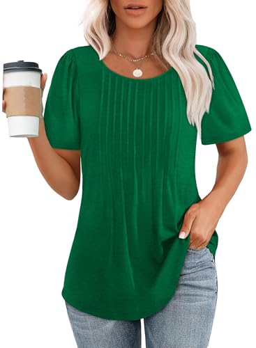 T Shirts for Women Dressy Casual Tops Short Sleeve Trendy Pleated Blouses Fashion Clothing Green Chirstmas Thanksgiving Outfits XL