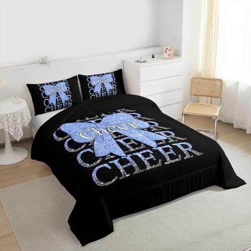 Image of Feelyou Cheer Bow Bedding Set Soft for Boys Girls, Cheerleader Comforter Set Toddler Size Funny Sport Duvet Quilt Microfiber Blue Bedroom Decor 2 Pcs with 1 Pillow Cases