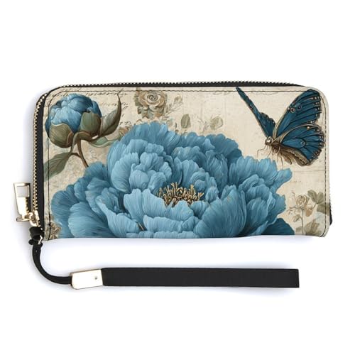 Blue Peony And Butterfly Vintage PU Leather Clutch Long Bifold Wallet, Coin Purse Credit Pass Case, Durable Card-Holder Money Storage for Women Men