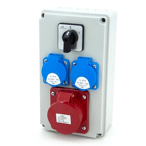 ELS Elektrotechnika - Distribuidor de corriente de pared con interruptor 0-1 y 2 x 230 V + 1 CEE 16A + cableado, listo para conectarse para garaje, taller, fábrica