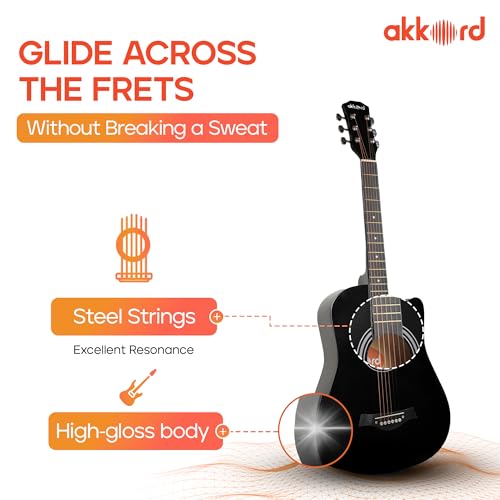 Image of AKKORD Basswood 38 Inch Acoustic Cutaway Guitar Kit With Gigbag, Strings, Picks, Strap And Key - Glossy Black | Complete Guitar Kit For Beginners With Free Course
