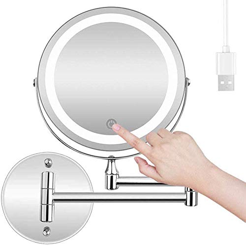 Shaving Mirror with 10X Magnification, LED Bathroom Mirrors Wall Mounted, 360°Swivel and Extendable, Chrome, Double Source, 7inch