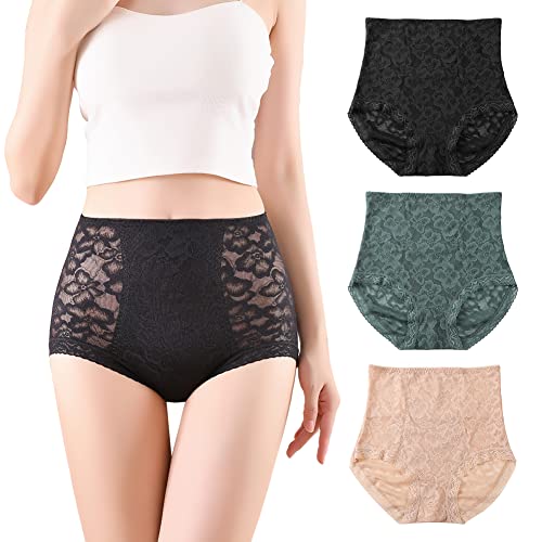 BLKDOTS Calzoncillos moldeadores de Encaje de Cintura Alta para Mujer, Ropa Interior de Control Firme para el Abdomen, la Cintura y la Parte Trasera para Mujer, Paquete de 3, Multicolor1, M