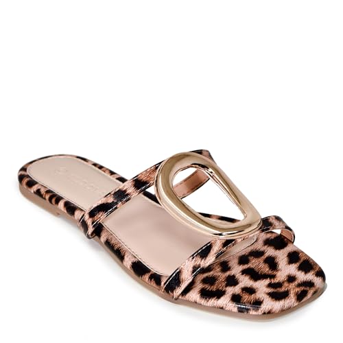 Wild Diva Women’s Gold Ornament Accent Square Toe Double Strap Fashion Slide Sandals