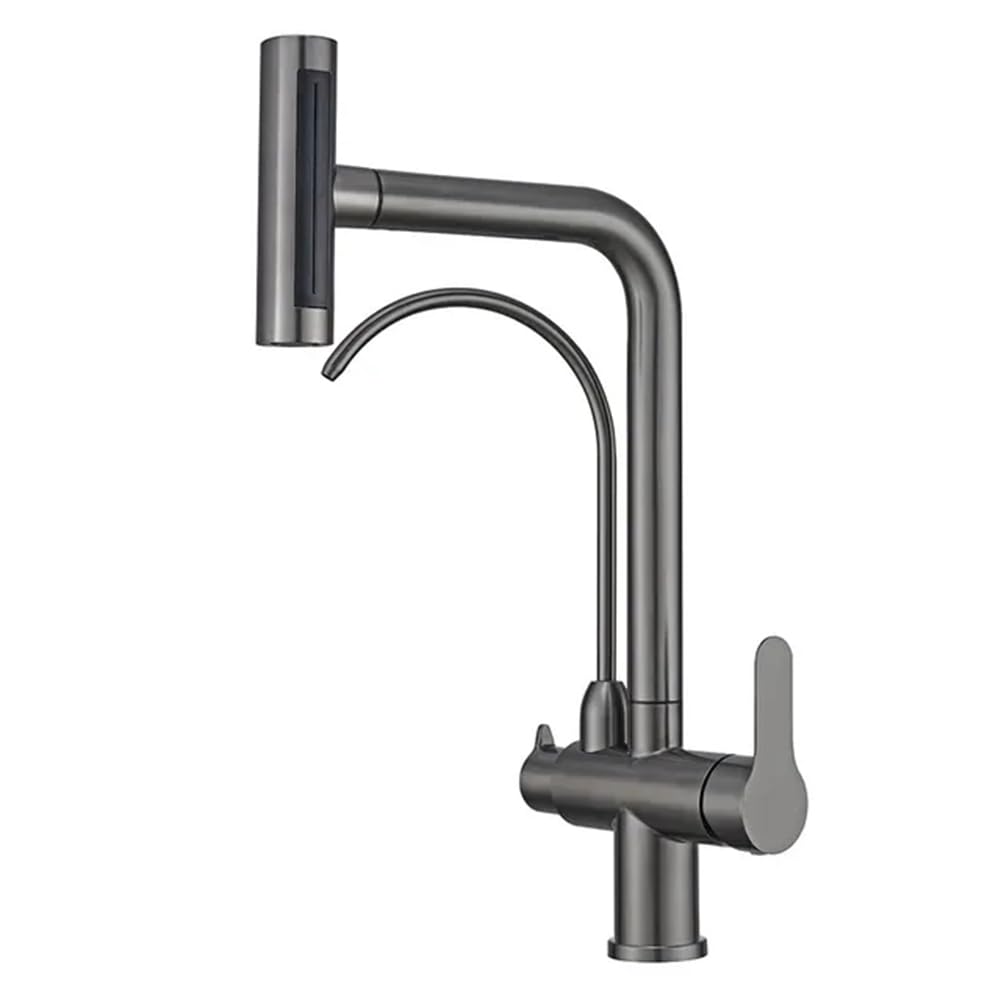 Grifo de cocina extraíble de 3 vías con doble palanca mezclador giratorio 360 latón gris