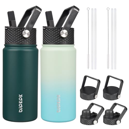 Image of BJPKPK 2 Pack 18oz Insulated Water Bottles with Straw Lids, Stainless Steel | 6 Leak Proof Lids Included, BPA-Free Vacuum Insulated Metal Bottle, Keeps Drinks Cold & Hot for Travel, Gym, Office & Sports