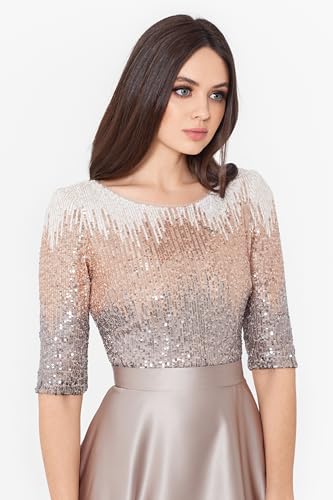 Betsy & Adam Women's Sequin Embellished Satin Ball Gown with 3/4 Sleeves and Center Back Zipper4