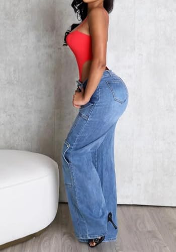 Women's Cargo Jeans Y2k High Waisted Patchwork Boyfriend Tie Dye Jeans Straight Leg Denim Pants4