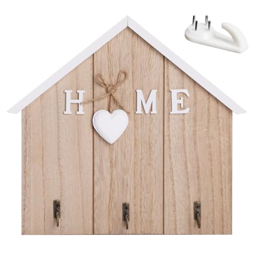GeeRic Wall Mounted Wooden Key Holder with Hook, 3 Hooks Hom
