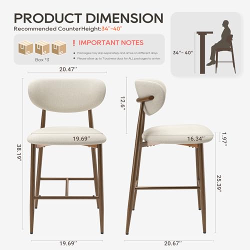Image of MALOL Bar Stools Set of 6, Counter Height bar stools, Kitchen Bar Stools with Backs, Modern Upholstered, Modern Bar Stools with Metal Legs for Kitchen Island, Counter, Beige