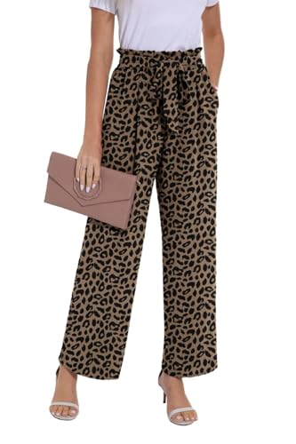 PrinStory Sommerhose Damen Leicht Weitem Bein Damen Hose Mit Taschen Elegante Palazzo Hose Mit Gürtelel (Leopard Dunkel ...