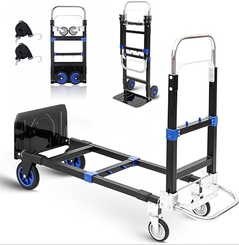 3 in1 Heavy Duty Convertible Hand Truck Dolly Cart, Folding Trolley Cart with Wheels, 600lbs Capacity for Transport Moving in Warehouse, Supermarket, Equipment (Blue)