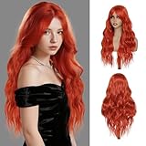 Long Wavy Ginger Wig with Curtain Bangs for Women 26 Inch Reddish Orange Synthetic Heat Resistant Red Wig Natural Looking Wavy Hair for Daily Use, Party, Halloween, Cosplay