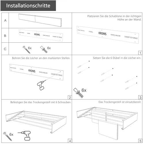 KROMS Wäscheständer Ausziehbar XXL Full Color Schwarz 120cm – 8,4m Trockenlänge - Wäschetrockner Wand - Wäscheständer Wand