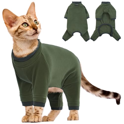 Fleece Katzenpullover, Katze Mantel Weiche Warm Winter Kleidung Katzen-Pyjama Overall Rollkragen Kaltwettermäntel Herbst und Winter Kätzchenkleidung(ArmeeGrün, M)