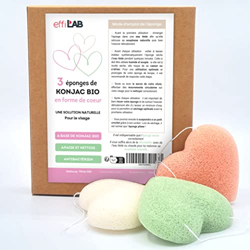 effiLAB | Pack de 3 d' eponge de Konjac bio en forme de cœur de plusieurs couleurs | Lot de 3 éponges coeurs| Eponge végétale naturelle, nettoyage en douceur, amour Cover