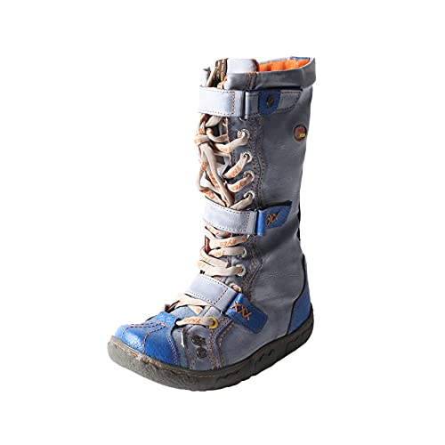 TMA EYES Bota de mujer plana de cuero de la PU lavado con acento de correa con más tamaño, azul (Azul / Patchwork), 42 EU
